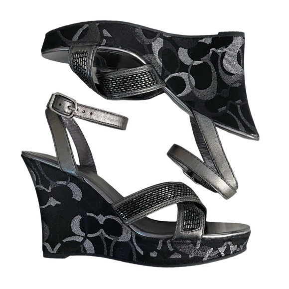 COACH Camelia Pewter & Black Ankle Strap Platform Wedge Sandals - Picture 2 of 9